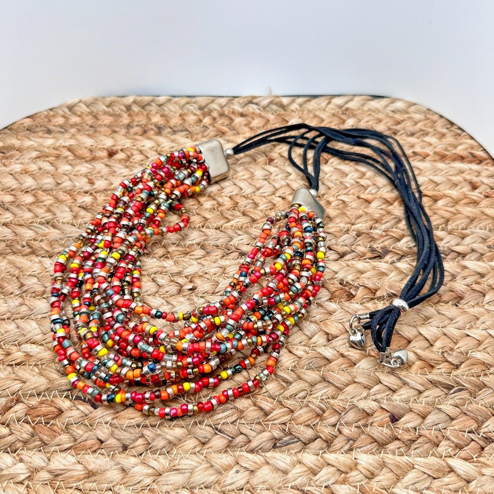 Vintage Artisan 14-Strand Boho Necklace Multicolor Glass Bead Layered Tribal Bib - Picture 6 of 6